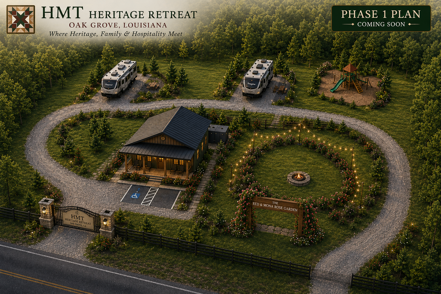 Artist rendering of HMT Heritage Retreat Phase 1 — two RV sites, a central lodge, playground, and the Red & Mona Rose Garden fire pit surrounded by roses.