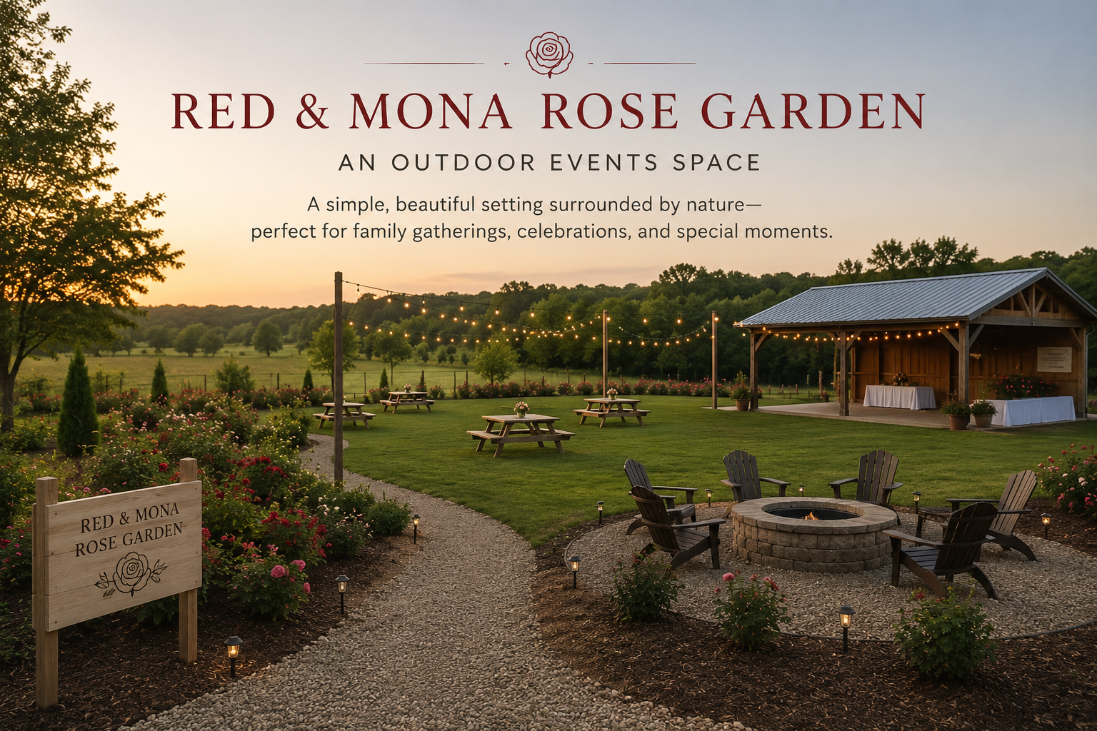 Red & Mona Rose Garden — an outdoor events space with a fire pit, Adirondack chairs, string lights, and an open-air pavilion at sunset.